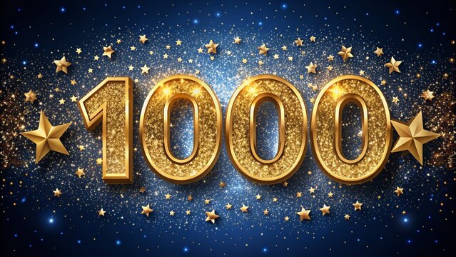 A shiny gold 100,000 followers  with a glittering golden number surrounded by sparkling stars and confetti on a dark blue background, symbolizing success.