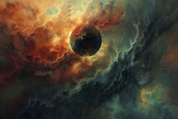 A dark planet floats among colorful, swirling nebula clouds in space. Concept is cosmic beauty and mystery. For science fiction book covers or posters.