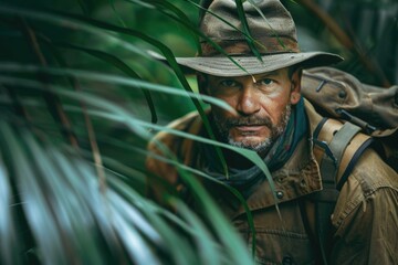 Fototapeta premium A man exploring the jungle wearing a hat and carrying a backpack, possibly on an adventure