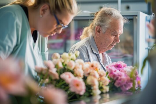 Two women browsing fresh blooms in a flower shop