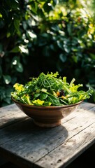salad in a bowl on the table in a garden