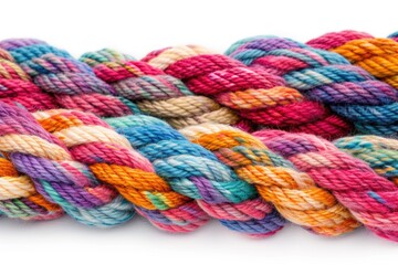Close-up shot of a colorful yarn rope with various colors and textures