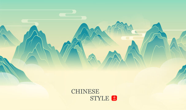 Hand painted Chinese landscape painting mountains and clouds