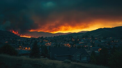 Urban landscape with a fire burning in the distance, possibly due to industrial or natural causes