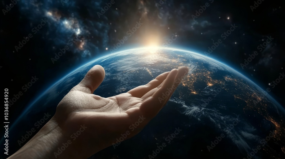 Wall mural a hand reaching towards earth the creation of light from genesis and the birth of the universe