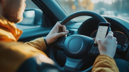 Naklejka premium Driver dangerously distracted by texting on mobile phone while operating a vehicle on the road