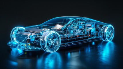 Fototapeta premium Electric car lithium battery pack is illustrated with power connections, showcasing the core of modern automotive technology in a vibrant blue tone