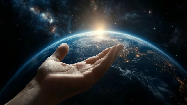 A hand reaching towards earth  the creation of light from genesis and the birth of the universe