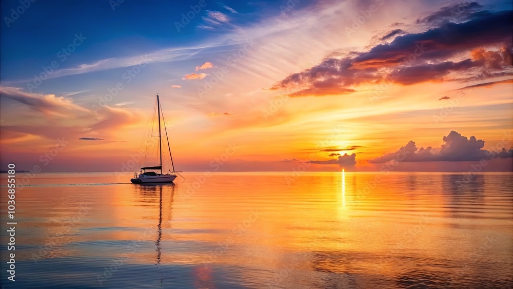 Poster A single sailboat navigates serene waters as the sun dips below the horizon, casting a fiery glow on the sky and reflecting in the tranquil ocean