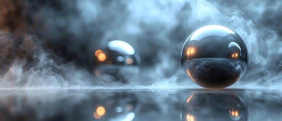 Two reflective metallic spheres amidst swirling smoke, creating a mysterious and ethereal atmosphere with soft lighting and wisps of fog surrounding them.