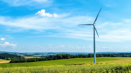 A high-tech wind turbine, clear and open landscape with blue skies, Eco-friendly style