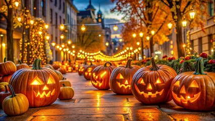 Fototapeta premium Vibrant glowing pumpkin decorations illuminate the city's streets at dusk, casting a warm orange glow on the festive holiday background with selective focus.