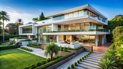 Contemporary luxury home with sleek white facade, expansive balcony offering scenic views, and lush greenery surrounding a pristine garden oasis.