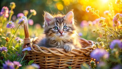 A Curious Kitten Peeking From A Wicker Basket Surrounded By Delicate Blooms In A Field Bathed In Golden Sunlight
