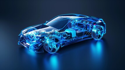 Fototapeta premium Electric car lithium battery pack is illustrated with power connections, showcasing the core of modern automotive technology in a vibrant blue tone