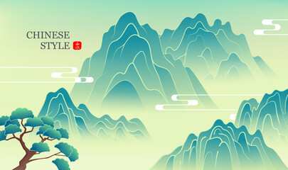 Hand painted Chinese landscape painting pine trees and mountain peaks © jm