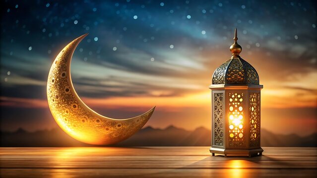 Islamic background with lantern and crescent for eid greetings, ramadan, isra miraj