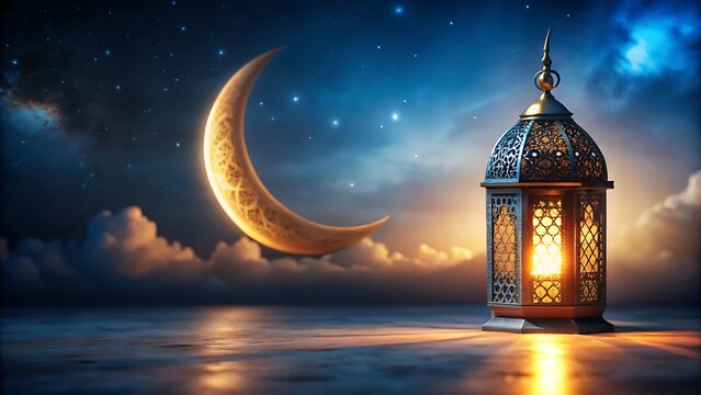 Islamic background with lantern and crescent for eid greetings, ramadan, isra miraj