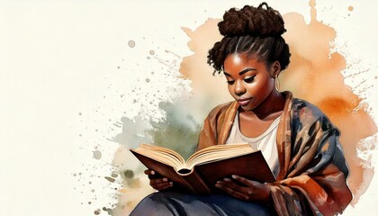 watercolor of a woman reading a book isolated on a peaceful background with copy space