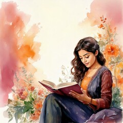 watercolor of a woman reading a book isolated on a peaceful background with copy space