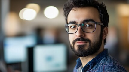 Fototapeta premium Close-up of a male Middle-Eastern software developer in an office setting.