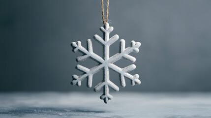 White Snowflake Ornament Hanging Against a Grey Background