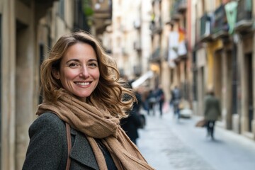 Fototapeta premium A woman standing on a city street, everyday scene