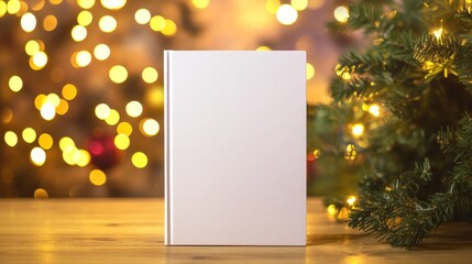 Elegant blank paperback book cover mockup for christmas with bokeh lights decoration