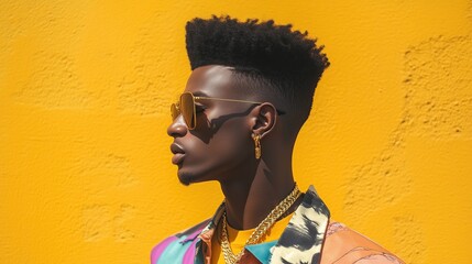 Retro high-top fade on an African-American man, flat top squared, gold jewelry accents, 90s-inspired setting, film grain effect, nostalgic color palette