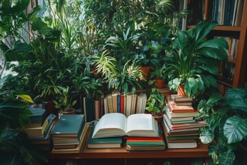 Fototapeta premium A bookshelf surrounded by lush greenery, with an open book inviting you to read.