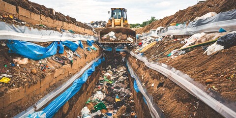Landfill Waste and Bulldozer. A landfill site filled with piles of trash and plastic waste, surrounded by soil heaps and a bulldozer in the background. 