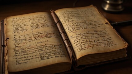 Obraz premium An open antique book with aged leather binding and handwritten notes.