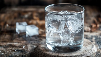 A refreshing glass of clear water with ice cubes on a rustic wooden surface, perfect for a cool beverage or cocktail.