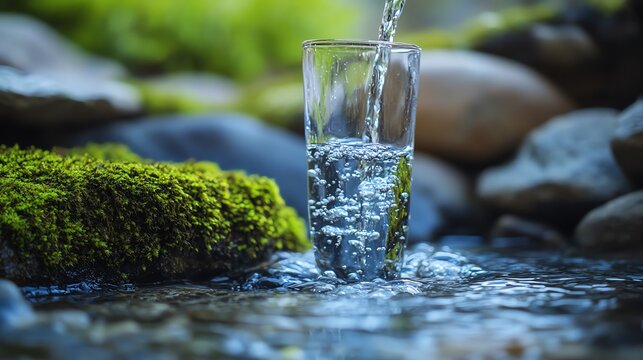 A refreshing glass being filled with crystal-clear water from a natural stream, surrounded by moss and stones in a serene environment.