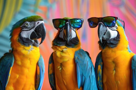 Three vibrant parrots sit together, each wearing a pair of trendy sunglasses