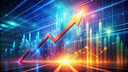 Fototapeta premium Vibrant abstract background with a sleek digital arrow pointing upwards, symbolizing growth, progress, and success in a futuristic and modern digital landscape.