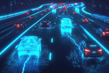 Fototapeta premium Cars drive down a highway, glowing with blue and red lights.