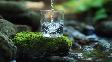 Fleecedeken met foto Fresh water flows into a clear glass placed on mossy rock by a serene stream, surrounded by vibrant nature. © wacharagorn