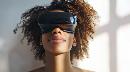 Fototapeta premium Portrait of a young woman wearing virtual reality glasses, immersed in a digital experience. The image captures a sense of innovation, technology, and futuristic exploration.
