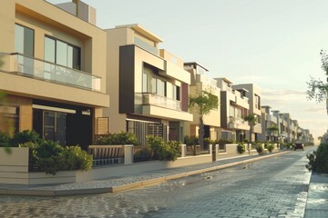 A row of houses on the side of a street with people passing by