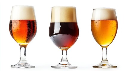 Three glasses of beer featuring different colors and frothy heads, ideal for showcasing beverage diversity and brewing culture.