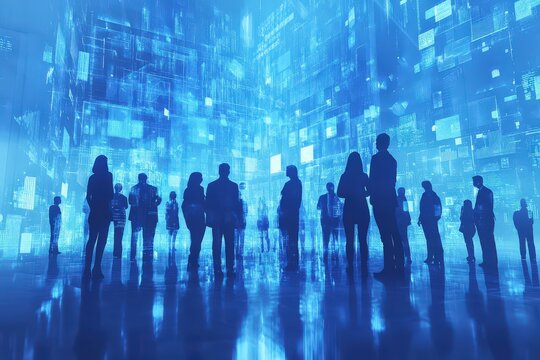 Silhouettes of people stand in a futuristic, digital space.