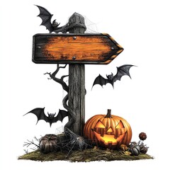 Halloween sign with bats and pumpkin, isolate on white backgroud