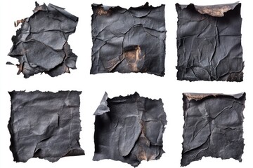 Four pieces of charred paper with illegible text