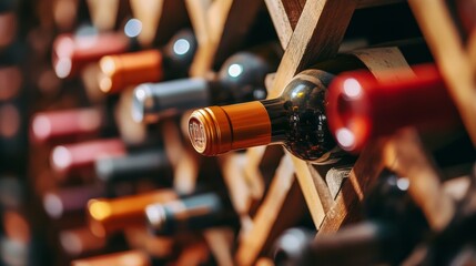 Assorted wine bottles elegantly arranged in a charming cellar of a traditional winery venue