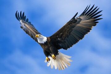 Obraz premium A majestic bald eagle soaring through the clear blue sky, a symbol of freedom and beauty