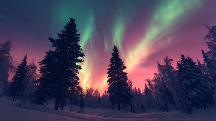 Fototapeta premium Aurora Borealis Over a Snow-Covered Forest