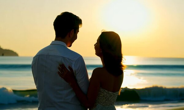 Romantic couple embracing at sunset by the beach, capturing a serene moment of love and connection with ocean waves