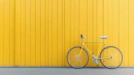 Vibrant yellow bicycle leaning elegantly against a bright mustard colored wall background
