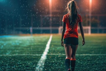 Naklejka premium A person walking on a soccer field during a rainy day, providing a unique and atmospheric scene for use